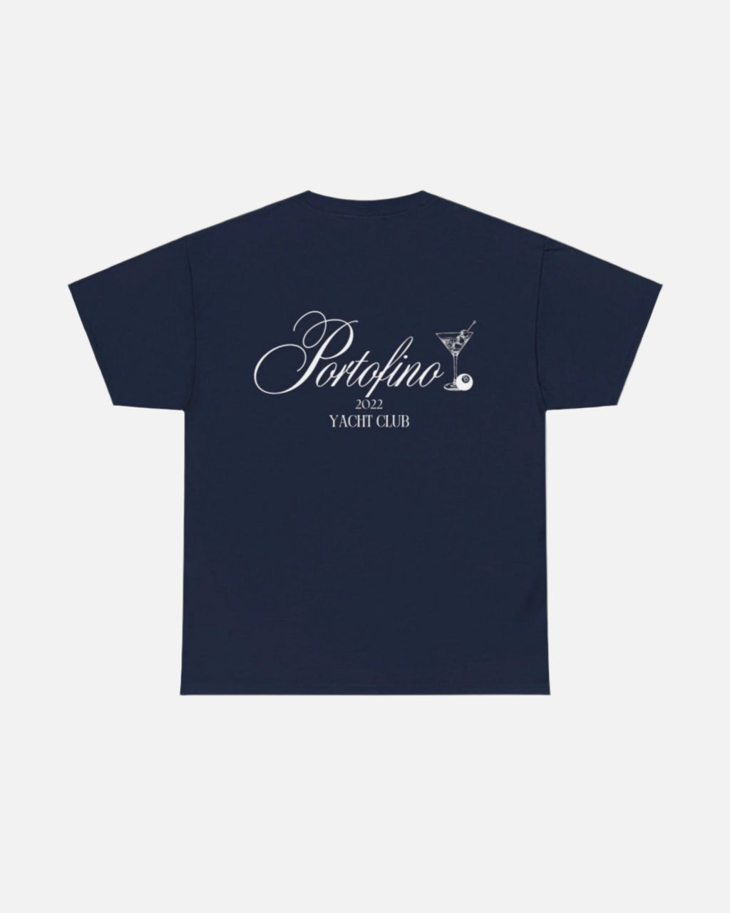 Navy blue T-shirt with "Portofino 2022 Yacht Club" in elegant script and a martini glass graphic, offering a stylish, nautical-inspired design. Starboy old money shirt tshirt clothes vandox sacrevandox vandox clothes vandox clothing