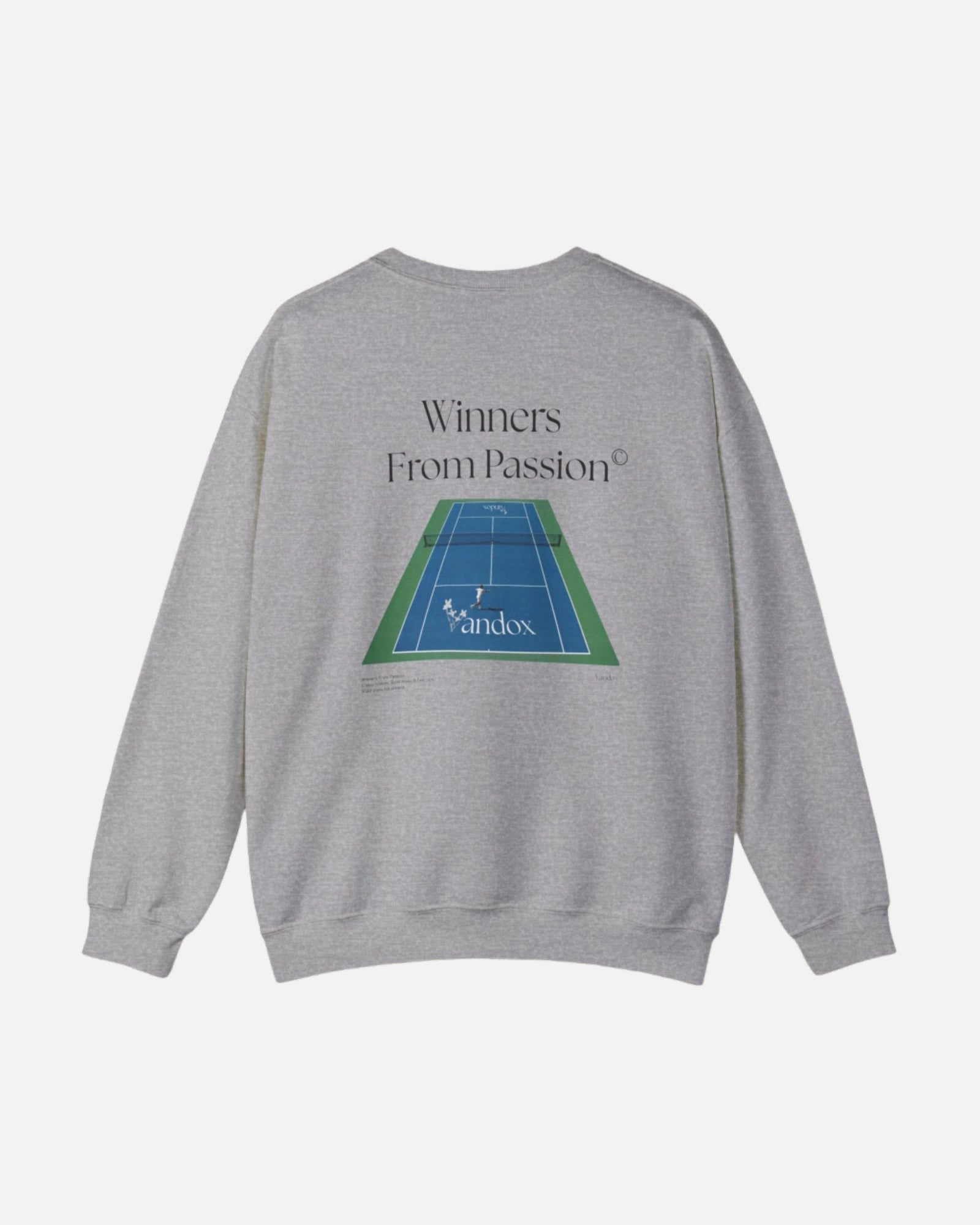 Sport grey VANDOX Tennis Court Crewneck with VNX Vandox logo and tennis court design and "Winners From Passion" slogan. Starboy old money hoodie sweatshirt clothes vandox sacrevandox vandox clothes vandox clothing crewneck