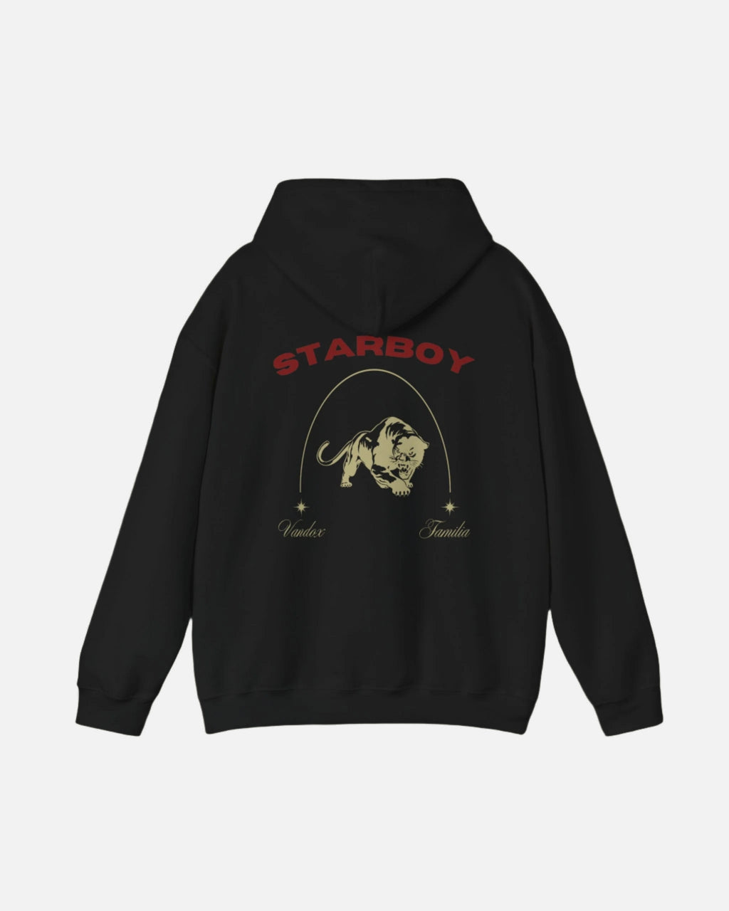 Black Vandox Hoodie with STARBOY on the back, golden lion surrounded by a majestic golden arch, and a small golden logo featuring a star, and text 'vandox familia starboy essential'. Starboy old money hoodie sweatshirt clothes vandox sacrevandox vandox clothes vandox clothing crewneck