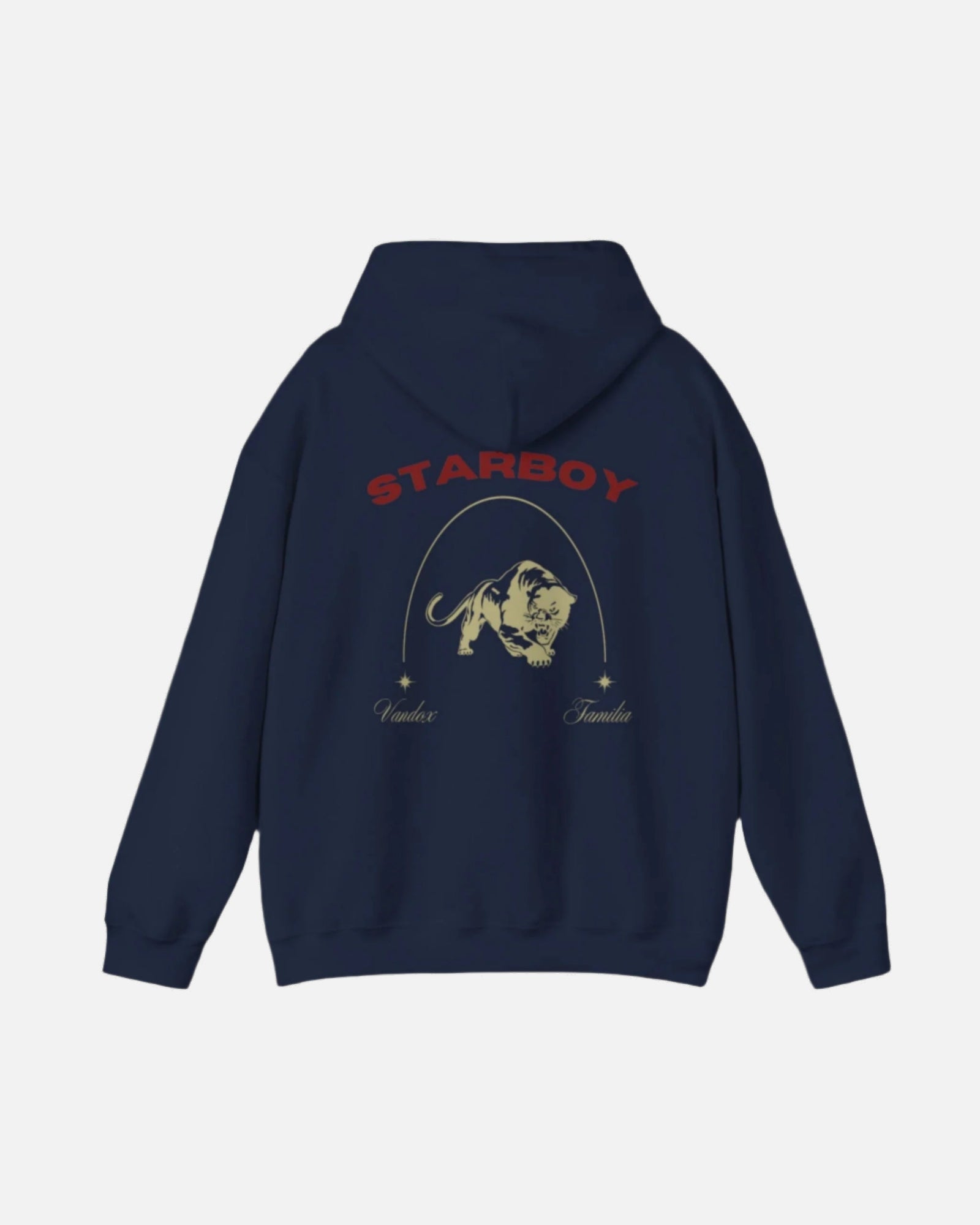 Navy dark blue Vandox Hoodie with STARBOY on the back, golden lion surrounded by a majestic golden arch, and a small golden logo featuring a star, and text 'vandox familia starboy essential'. Starboy old money hoodie sweatshirt clothes vandox sacrevandox vandox clothes vandox clothing crewneck