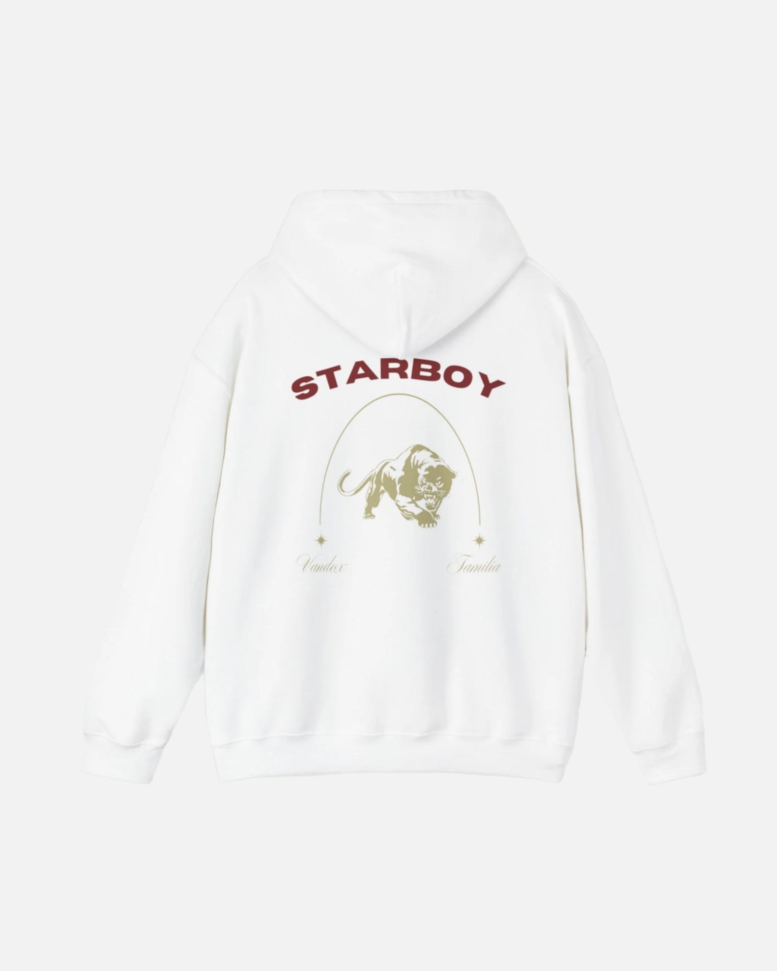 White Vandox Hoodie with STARBOY on the back, golden lion surrounded by a majestic golden arch, and a small golden logo featuring a star, and text 'vandox familia starboy essential'. Starboy old money hoodie sweatshirt clothes vandox sacrevandox vandox clothes vandox clothing crewneck