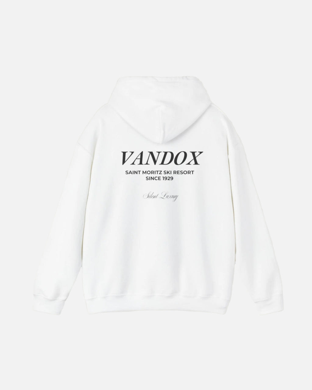White Vandox Hoodie with front text "ST. MORITZ SKI RESORT" and VANDOX saint moritz ski resort since 1929  silent luxury text on the back. Saint Moritz St. Moritz Monaco Ski resort skiing clothes winter clothing Starboy old money hoodie sweatshirt clothes vandox sacrevandox vandox clothes vandox clothing