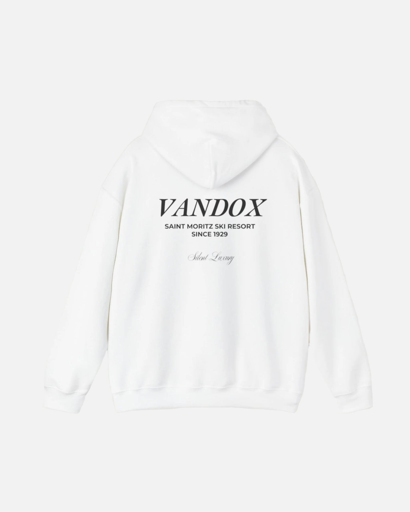 White Vandox Hoodie with front text "ST. MORITZ SKI RESORT" and VANDOX saint moritz ski resort since 1929  silent luxury text on the back. Saint Moritz St. Moritz Monaco Ski resort skiing clothes winter clothing Starboy old money hoodie sweatshirt clothes vandox sacrevandox vandox clothes vandox clothing
