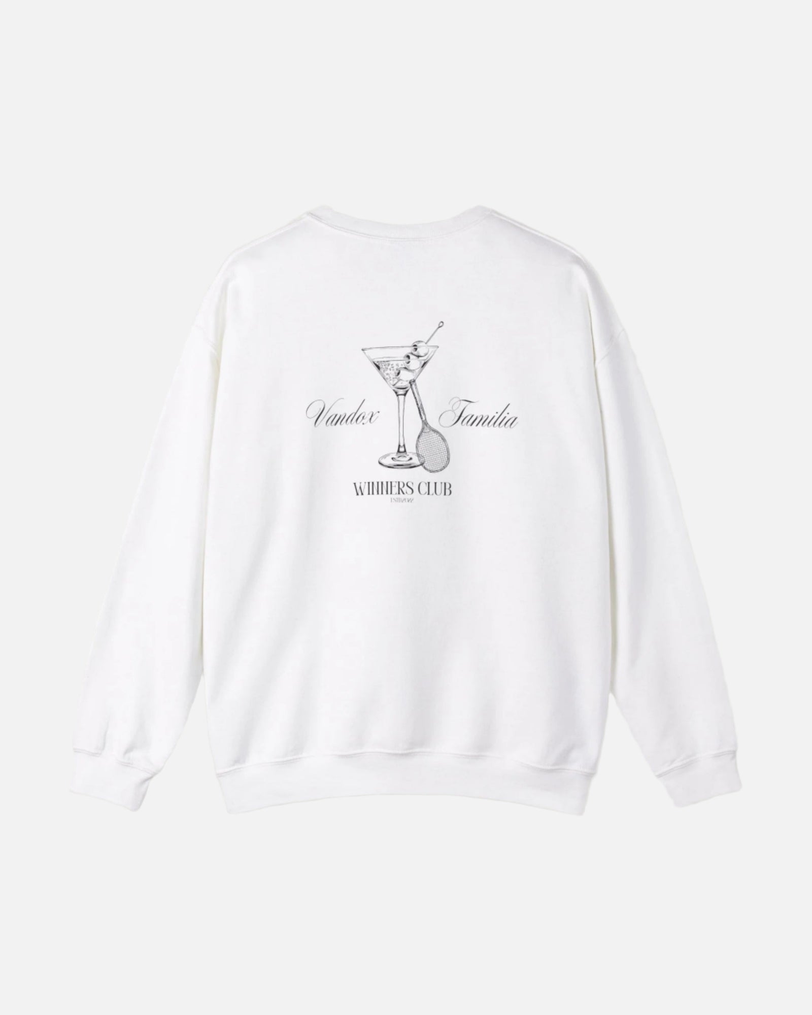 White Vandox Martini Crewneck featuring a detailed martini glass and "Winners Club" design on the back, perfect for stylish fall wear. Starboy old money hoodie sweatshirt clothes vandox sacrevandox vandox clothes vandox clothing crewneck