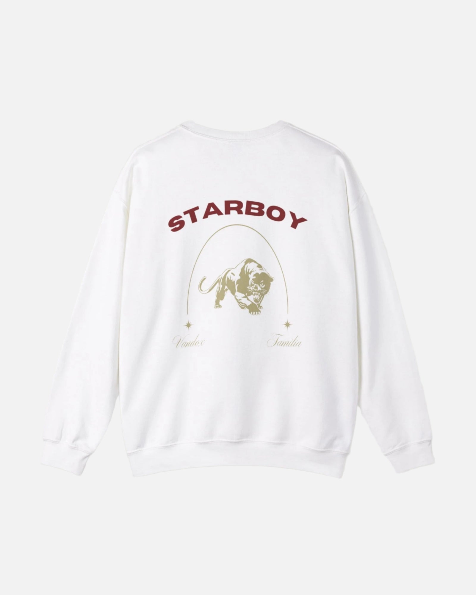 White Vandox Crewneck with STARBOY on the back, golden lion surrounded by a majestic golden arch, and a small golden logo featuring a star, and text 'vandox familia starboy essential'. Starboy old money hoodie sweatshirt clothes vandox sacrevandox vandox clothes vandox clothing crewneck