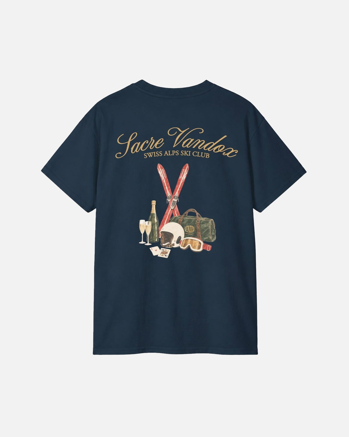 Blue Dusk Navy dark blue deep blue Vandox Chalet Edit t-shirt back view with illustrated ski essentials including red skis helmet goggles Vandox duffle champagne and playing cards. Starboy old money shirt tshirt clothes vandox sacrevandox vandox clothes vandox clothing