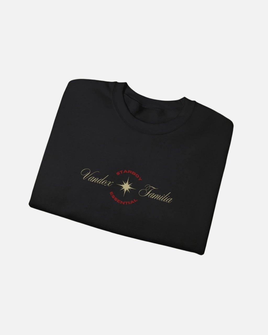 Black Vandox Crewneck with STARBOY on the back, golden lion surrounded by a majestic golden arch, and a small golden logo featuring a star, and text 'vandox familia starboy essential'. Starboy old money hoodie sweatshirt clothes vandox sacrevandox vandox clothes vandox clothing crewneck