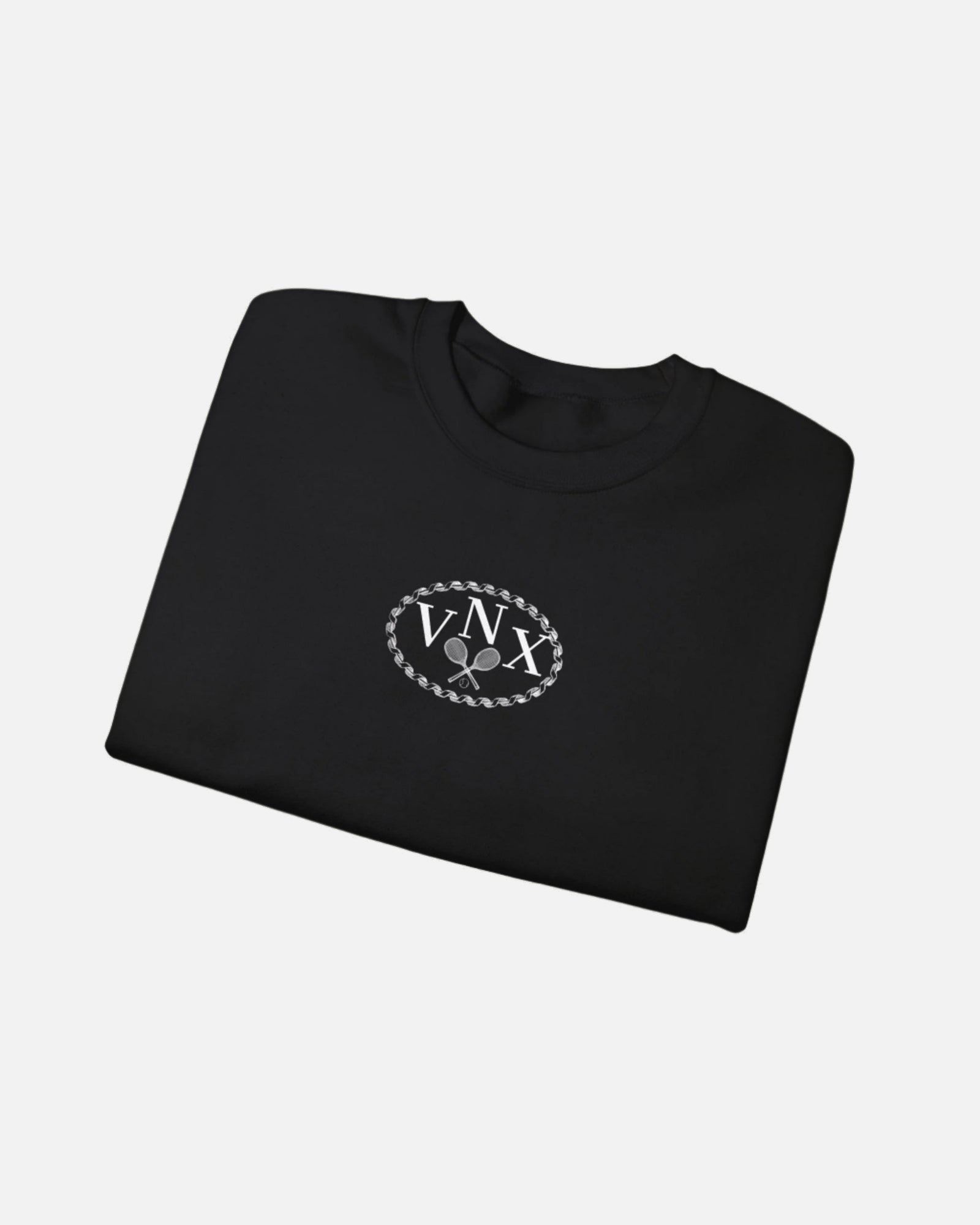 Black VANDOX Tennis Court Crewneck with VNX Vandox logo and tennis court design and "Winners From Passion" slogan. Starboy old money hoodie sweatshirt clothes vandox sacrevandox vandox clothes vandox clothing crewneck