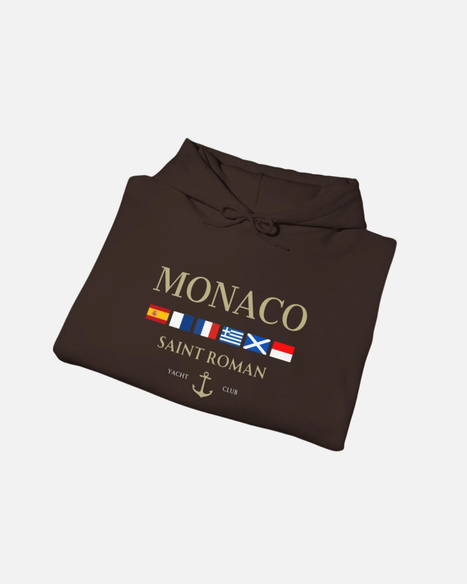 Brown dark chocolate Vandox Monaco Saint Roman Yacht Club Hoodie with international flags and anchor graphic on the front and crossed nautical flags with "Yacht Club" on the back. Starboy old money hoodie sweatshirt clothes vandox sacrevandox vandox clothes vandox clothing