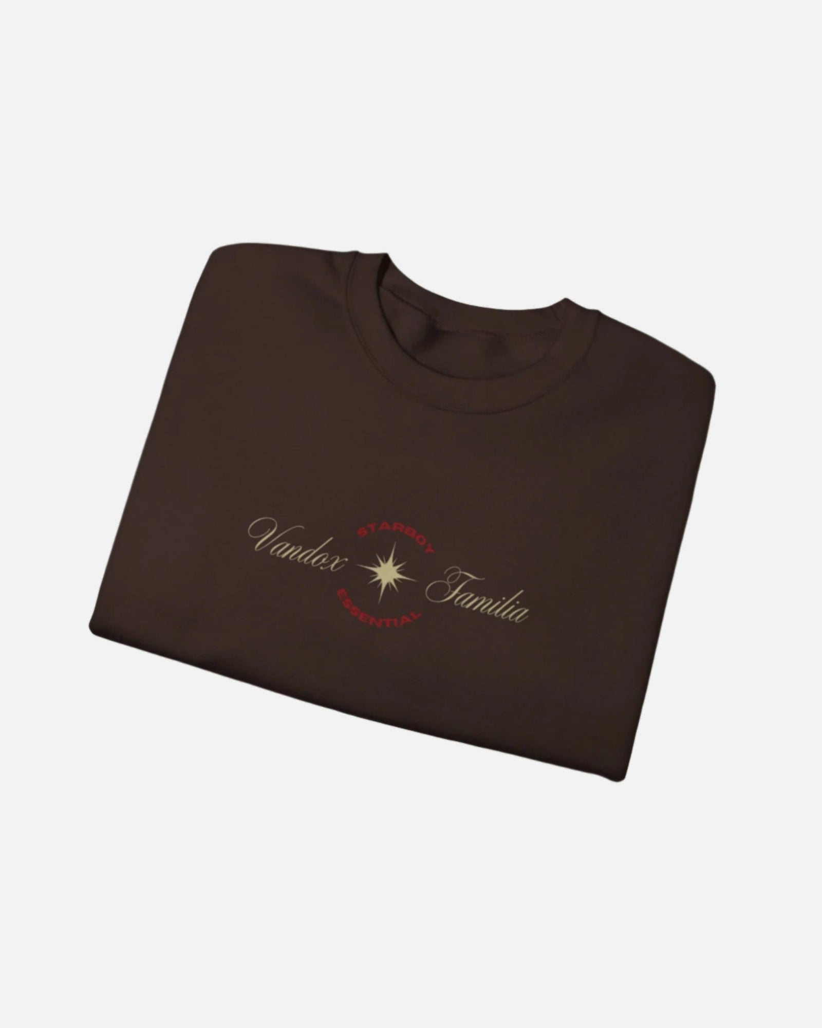 Dark Chocolate Brown Vandox Crewneck with STARBOY on the back, golden lion surrounded by a majestic golden arch, and a small golden logo featuring a star, and text 'vandox familia starboy essential'. Starboy old money hoodie sweatshirt clothes vandox sacrevandox vandox clothes vandox clothing crewneck