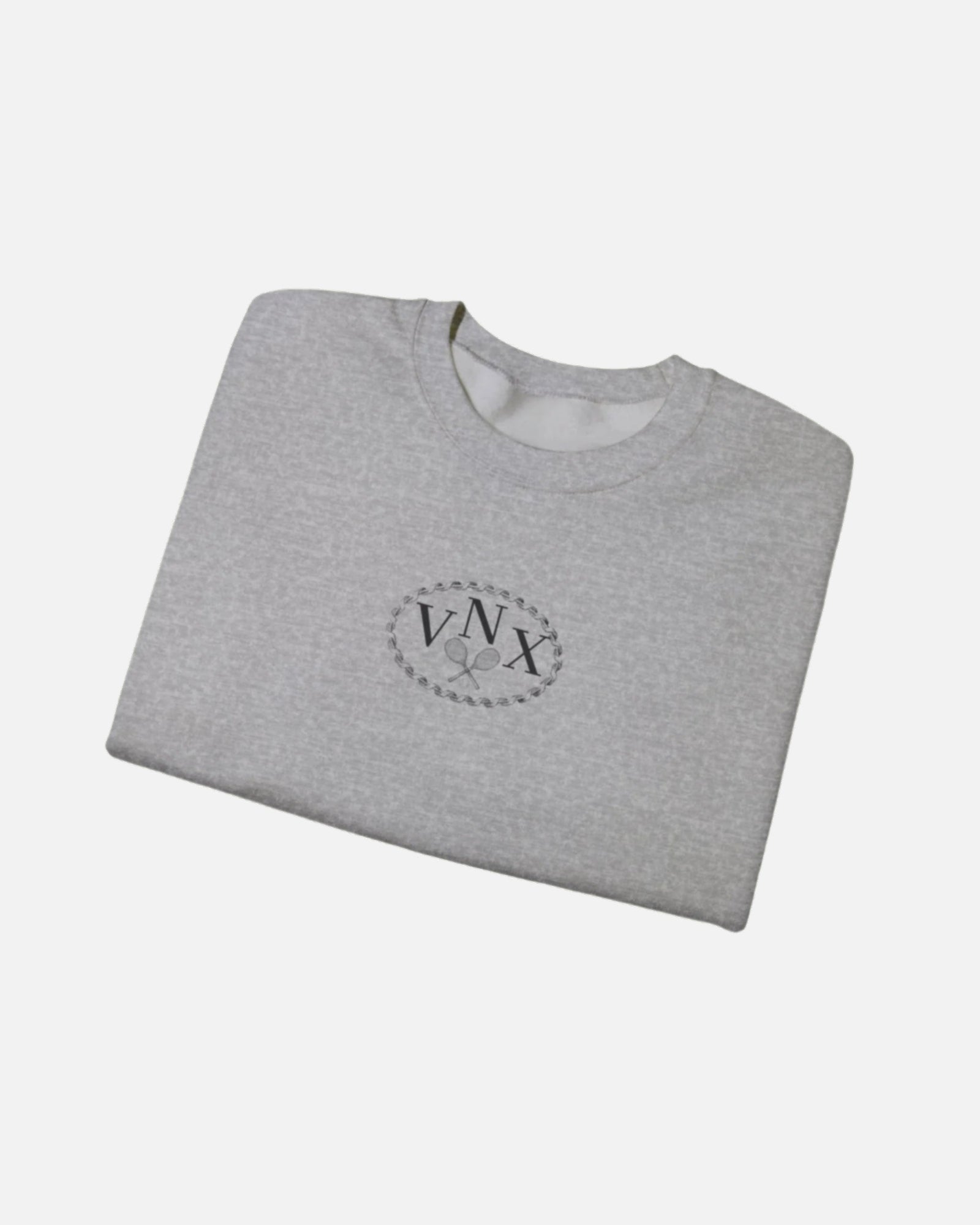 Sport grey VANDOX Tennis Court Crewneck with VNX Vandox logo and tennis court design and "Winners From Passion" slogan. Starboy old money hoodie sweatshirt clothes vandox sacrevandox vandox clothes vandox clothing crewneck