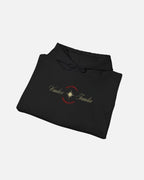 Black Vandox Hoodie with STARBOY on the back, golden lion surrounded by a majestic golden arch, and a small golden logo featuring a star, and text 'vandox familia starboy essential'. Starboy old money hoodie sweatshirt clothes vandox sacrevandox vandox clothes vandox clothing crewneck
