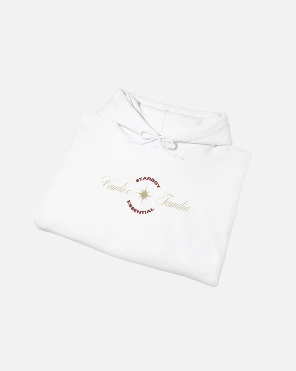 White Vandox Hoodie with STARBOY on the back, golden lion surrounded by a majestic golden arch, and a small golden logo featuring a star, and text 'vandox familia starboy essential'. Starboy old money hoodie sweatshirt clothes vandox sacrevandox vandox clothes vandox clothing crewneck