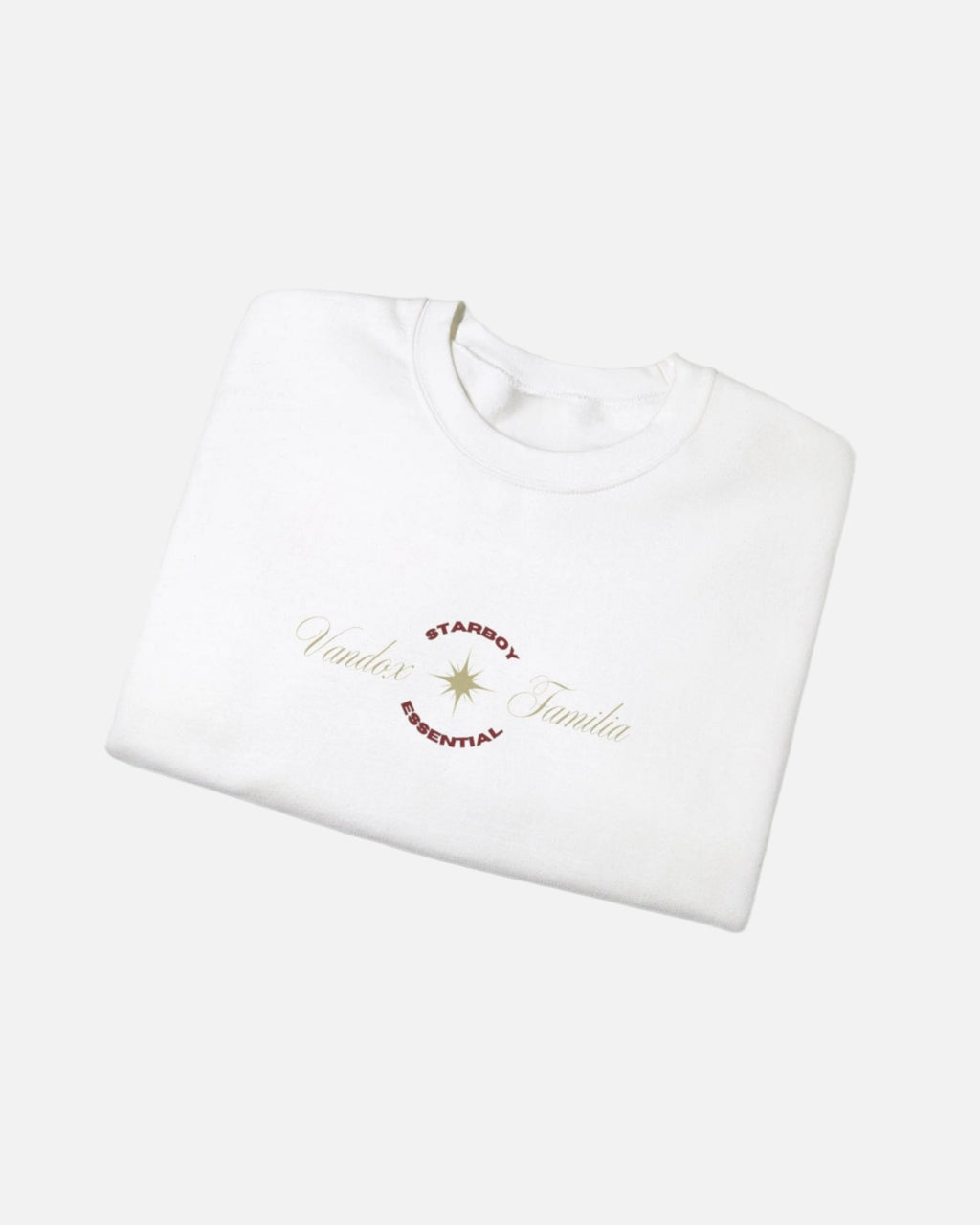 White Vandox Crewneck with STARBOY on the back, golden lion surrounded by a majestic golden arch, and a small golden logo featuring a star, and text 'vandox familia starboy essential'. Starboy old money hoodie sweatshirt clothes vandox sacrevandox vandox clothes vandox clothing crewneck