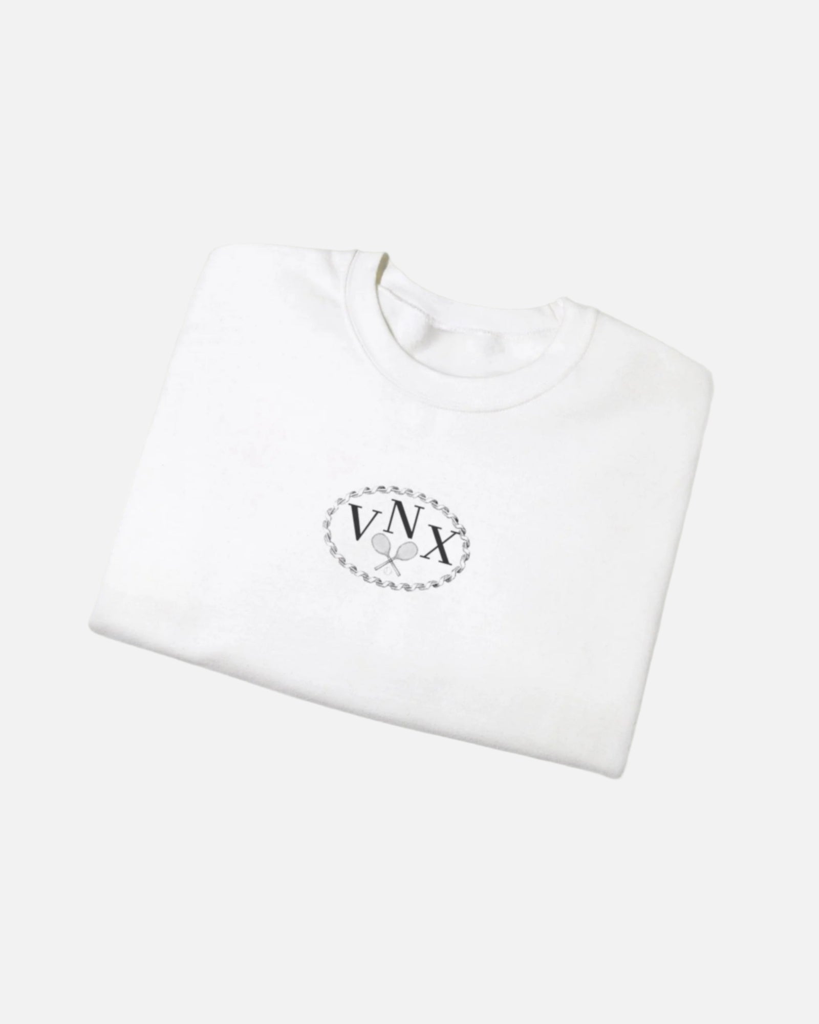 white VANDOX Tennis Court Crewneck with VNX Vandox logo and tennis court design and "Winners From Passion" slogan. Starboy old money hoodie sweatshirt clothes vandox sacrevandox vandox clothes vandox clothing crewneck