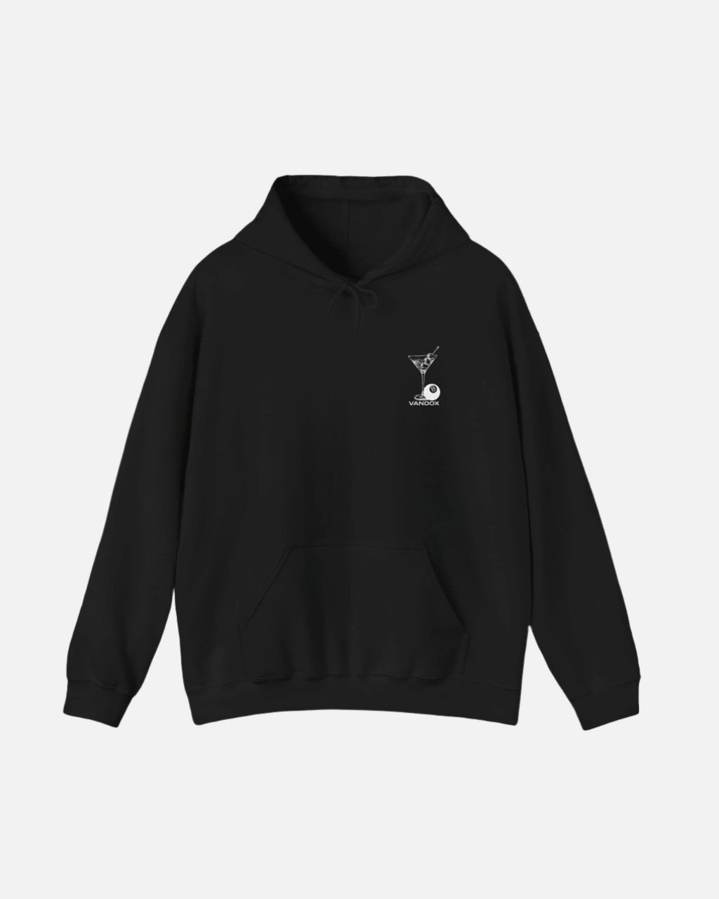 Deep Black Vandox hoodie featuring embroidered martini glass and 8-ball graphic on front, and bold city name typography with "Fear of Being Average" text on back. Starboy old money hoodie sweatshirt clothes vandox sacrevandox vandox clothes vandox clothing