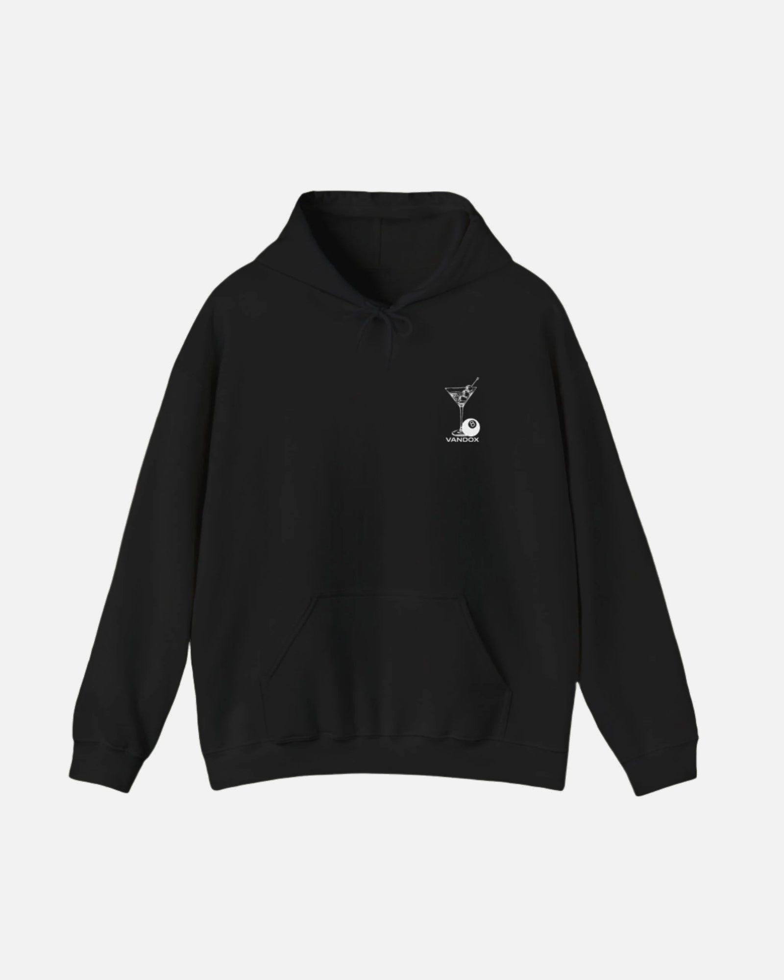 Deep Black Vandox hoodie featuring embroidered martini glass and 8-ball graphic on front, and bold city name typography with "Fear of Being Average" text on back. Starboy old money hoodie sweatshirt clothes vandox sacrevandox vandox clothes vandox clothing