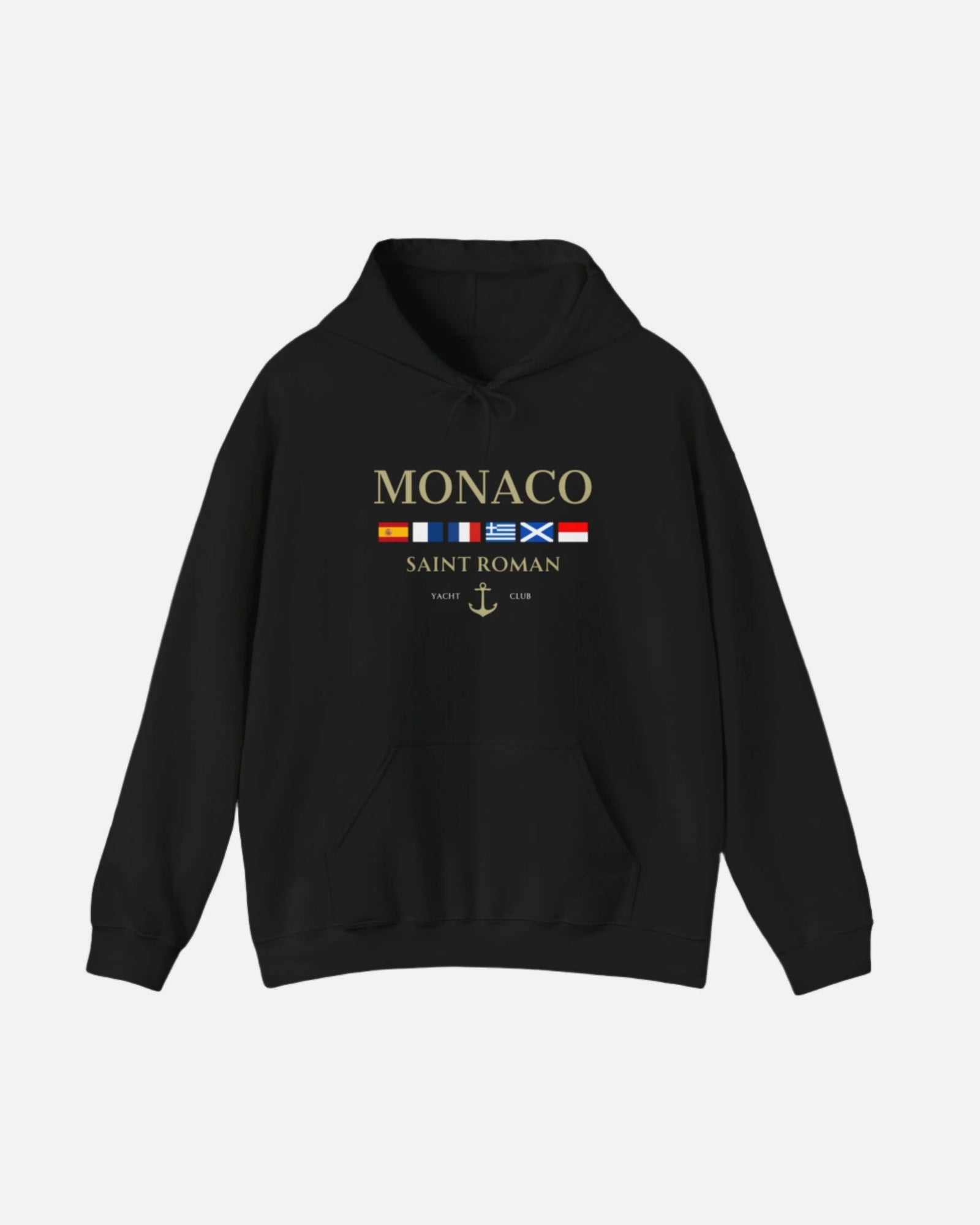 Black Vandox Monaco Saint Roman Yacht Club Hoodie with international flags and anchor graphic on the front and crossed nautical flags with "Yacht Club" on the back. Starboy old money hoodie sweatshirt clothes vandox sacrevandox vandox clothes vandox clothing