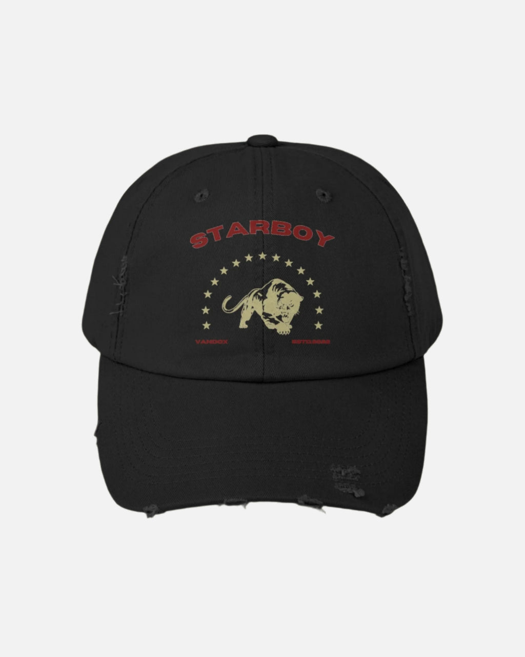 black Vandox Hat with fierce lion graphic surrounded by stars, with bold 'Starboy' text above. Hat Cap Baseball Cap Baseball Hat starboy hat old money hats vandox sacre vandox sacrevandox vandox clothing