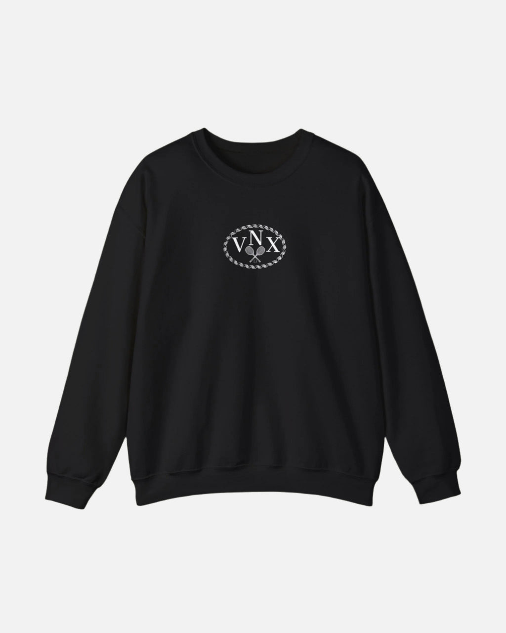 Black VANDOX Tennis Court Crewneck with VNX Vandox logo and tennis court design and "Winners From Passion" slogan. Starboy old money hoodie sweatshirt clothes vandox sacrevandox vandox clothes vandox clothing crewneck