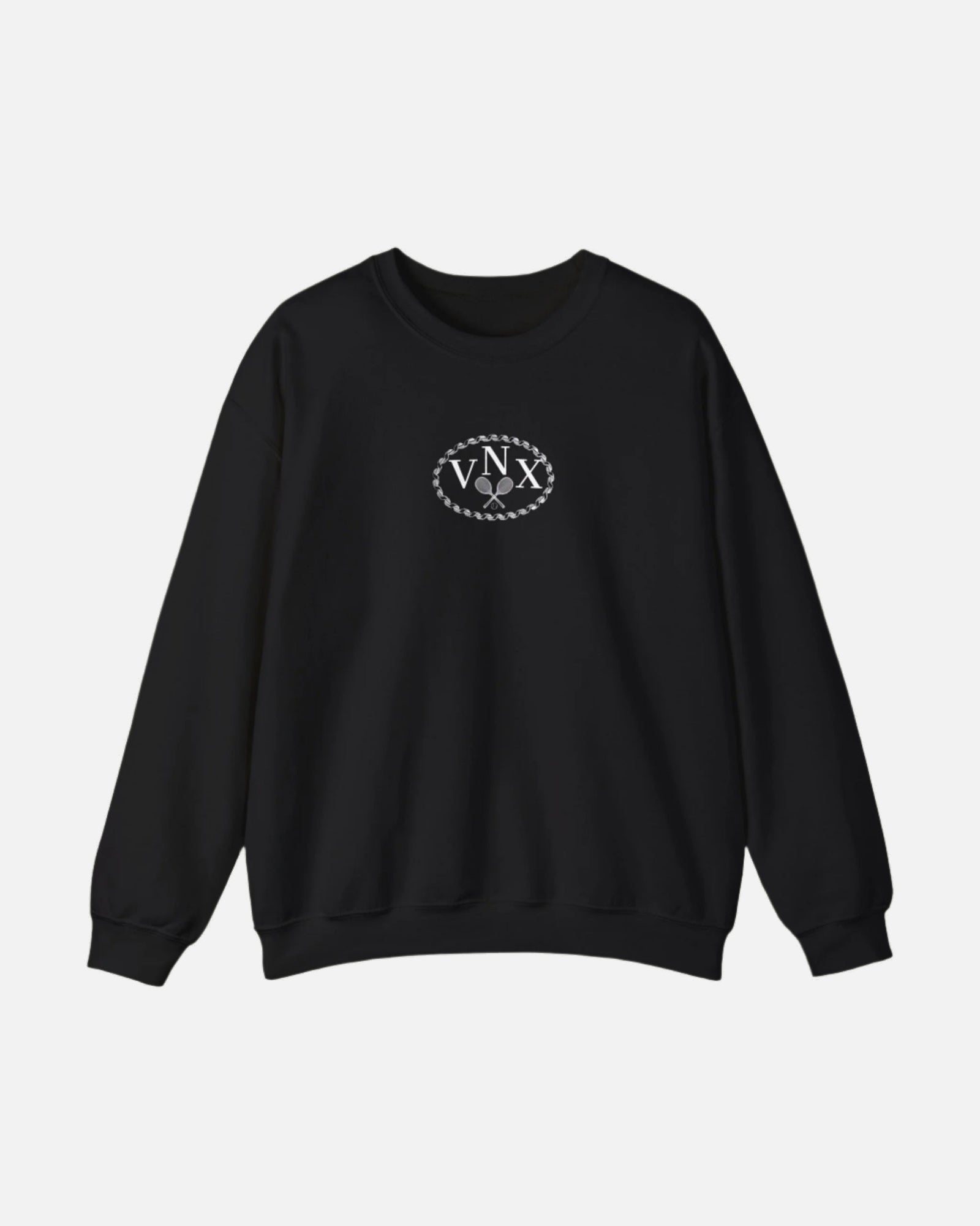 Black VANDOX Tennis Court Crewneck with VNX Vandox logo and tennis court design and "Winners From Passion" slogan. Starboy old money hoodie sweatshirt clothes vandox sacrevandox vandox clothes vandox clothing crewneck
