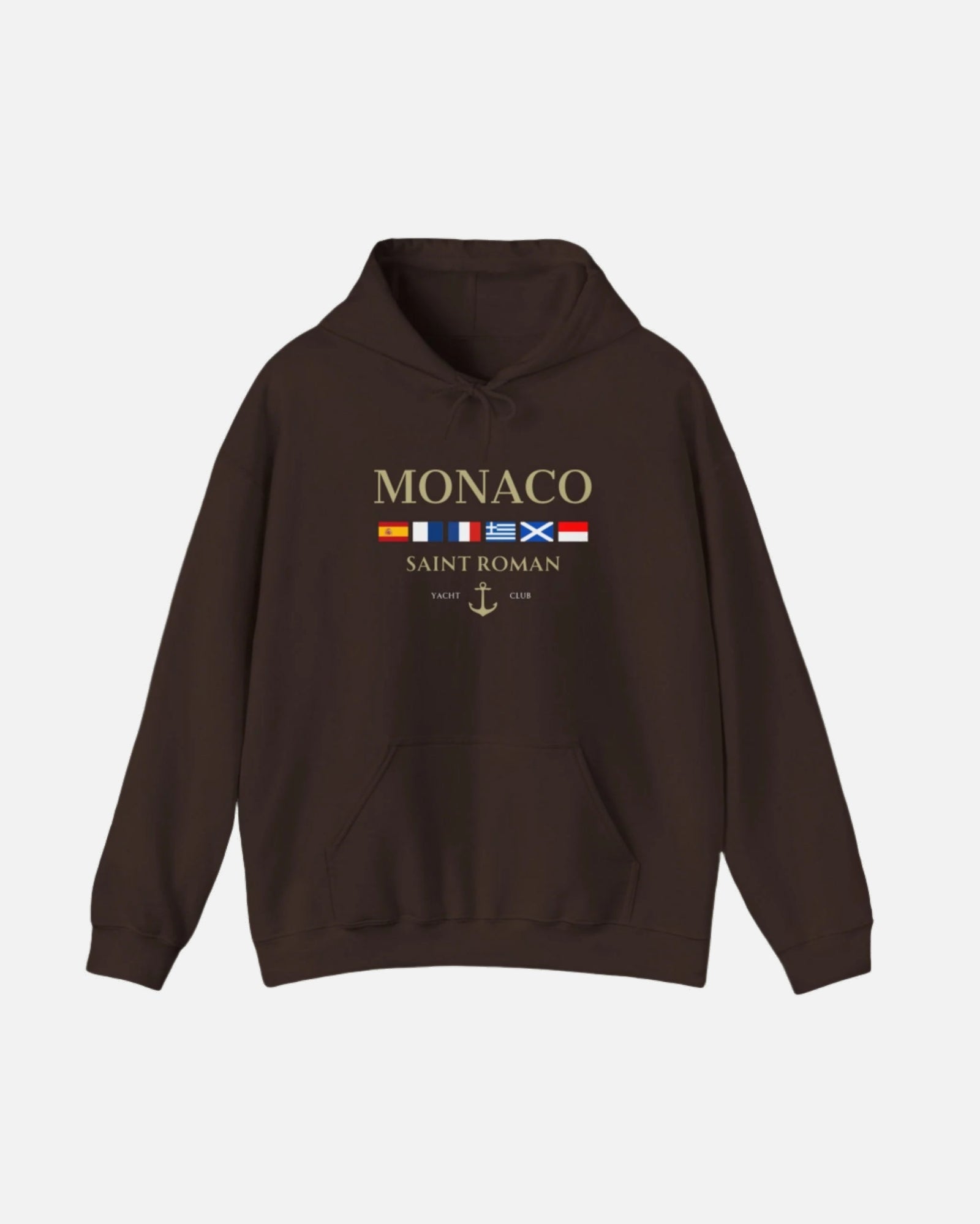 Brown dark chocolate Vandox Monaco Saint Roman Yacht Club Hoodie with international flags and anchor graphic on the front and crossed nautical flags with "Yacht Club" on the back. Starboy old money hoodie sweatshirt clothes vandox sacrevandox vandox clothes vandox clothing