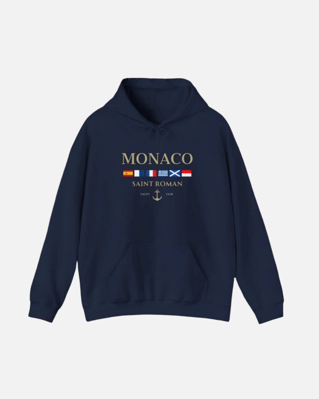  Navy blue Vandox Monaco Saint Roman Yacht Club Hoodie with international flags and anchor graphic on the front and crossed nautical flags with "Yacht Club" on the back. Starboy old money hoodie sweatshirt clothes vandox sacrevandox vandox clothes vandox clothing