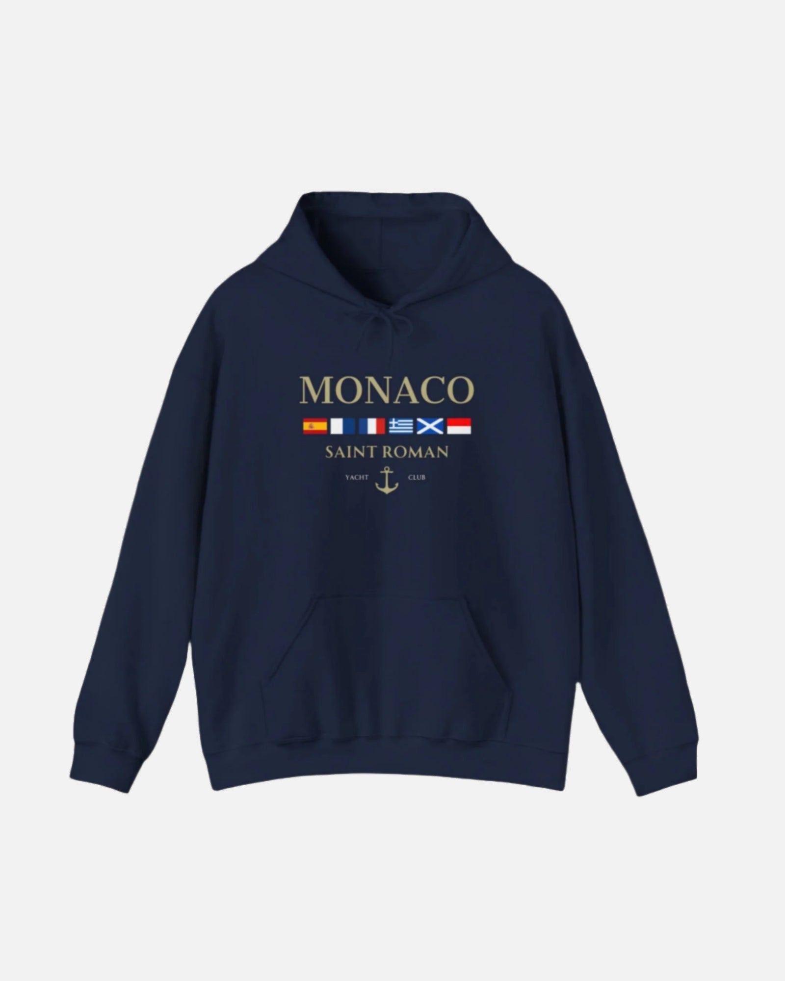  Navy blue Vandox Monaco Saint Roman Yacht Club Hoodie with international flags and anchor graphic on the front and crossed nautical flags with "Yacht Club" on the back. Starboy old money hoodie sweatshirt clothes vandox sacrevandox vandox clothes vandox clothing