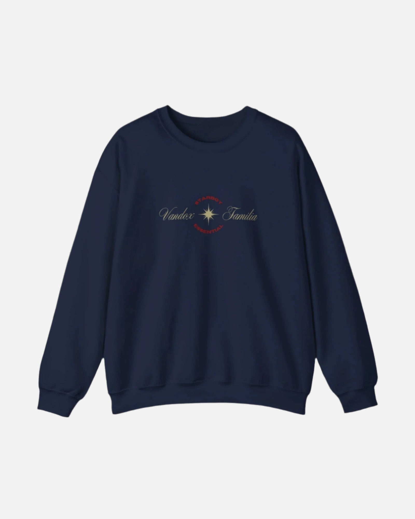 Dark Blue Navy Vandox Crewneck with STARBOY on the back, golden lion surrounded by a majestic golden arch, and a small golden logo featuring a star, and text 'vandox familia starboy essential'. Starboy old money hoodie sweatshirt clothes vandox sacrevandox vandox clothes vandox clothing crewneck