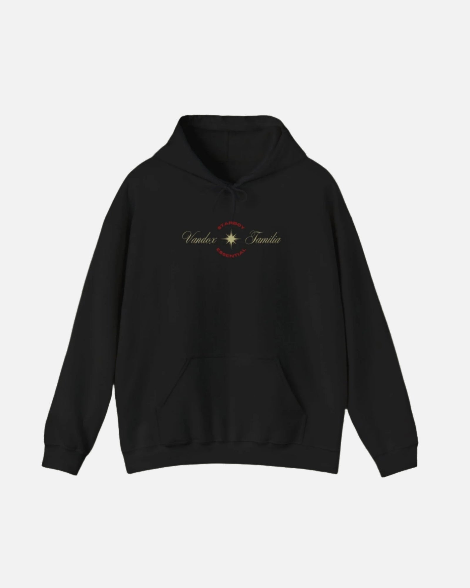 Black Vandox Hoodie with STARBOY on the back, golden lion surrounded by a majestic golden arch, and a small golden logo featuring a star, and text 'vandox familia starboy essential'. Starboy old money hoodie sweatshirt clothes vandox sacrevandox vandox clothes vandox clothing crewneck