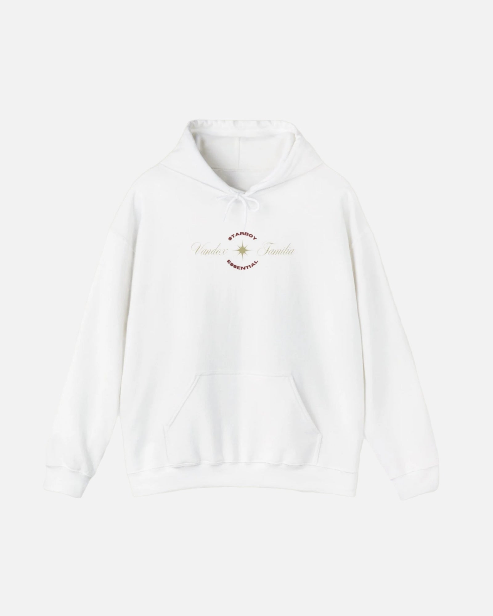 White Vandox Hoodie with STARBOY on the back, golden lion surrounded by a majestic golden arch, and a small golden logo featuring a star, and text 'vandox familia starboy essential'. Starboy old money hoodie sweatshirt clothes vandox sacrevandox vandox clothes vandox clothing crewneck