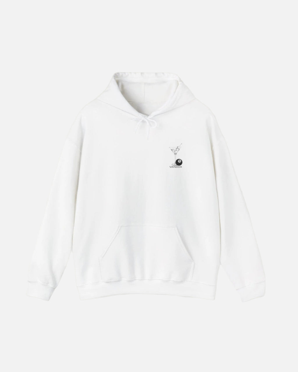 Eggshell white Vandox hoodie featuring embroidered martini glass and 8-ball graphic on front, and bold city name typography with "Fear of Being Average" text on back. Starboy old money hoodie sweatshirt clothes vandox sacrevandox vandox clothes vandox clothing