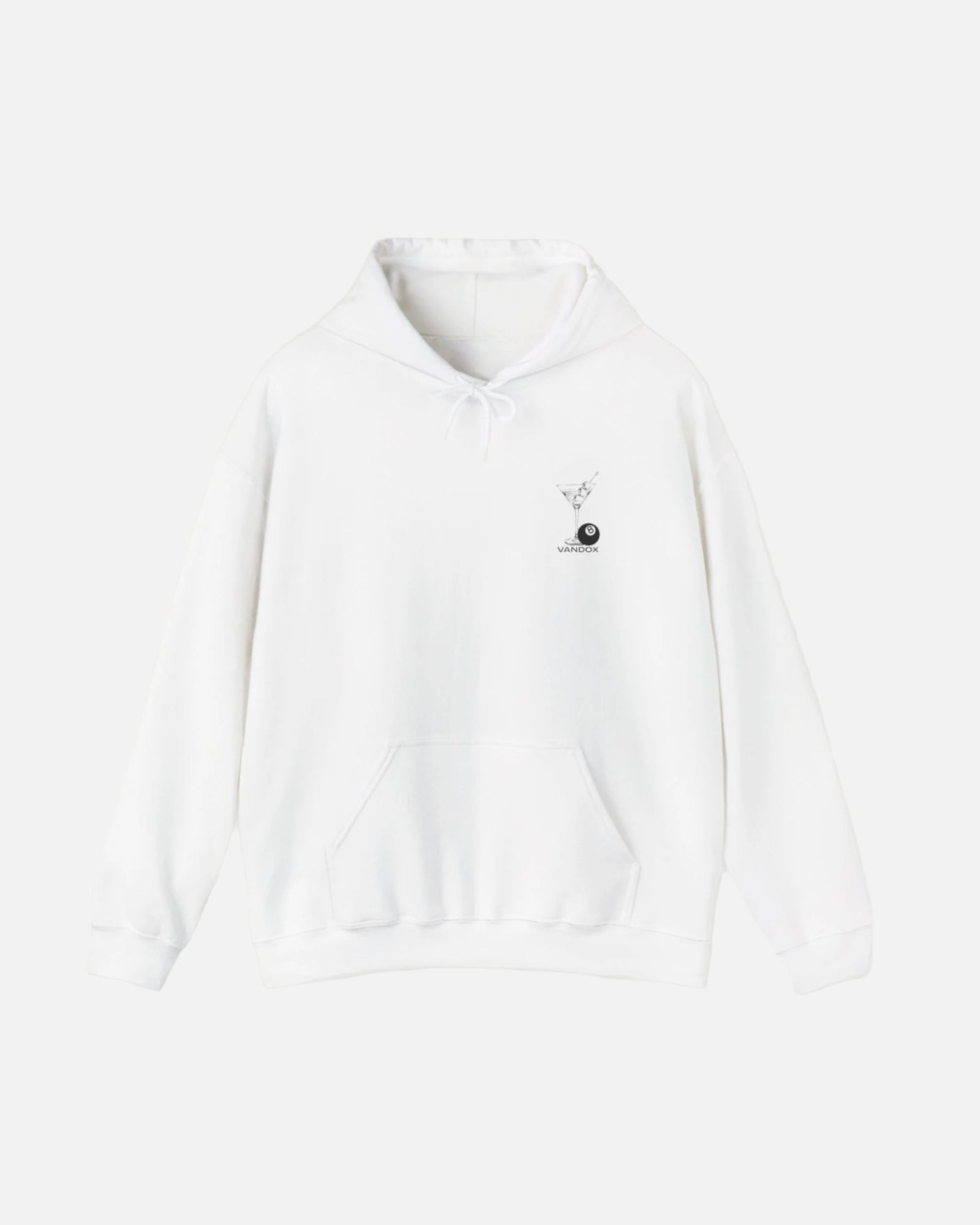 Eggshell white Vandox hoodie featuring embroidered martini glass and 8-ball graphic on front, and bold city name typography with "Fear of Being Average" text on back. Starboy old money hoodie sweatshirt clothes vandox sacrevandox vandox clothes vandox clothing