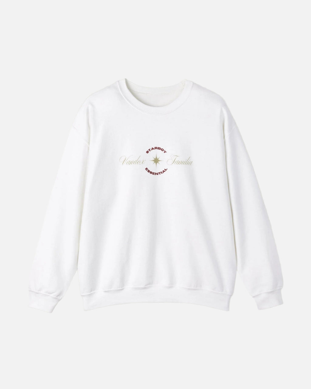 White Vandox Crewneck with STARBOY on the back, golden lion surrounded by a majestic golden arch, and a small golden logo featuring a star, and text 'vandox familia starboy essential'. Starboy old money hoodie sweatshirt clothes vandox sacrevandox vandox clothes vandox clothing crewneck