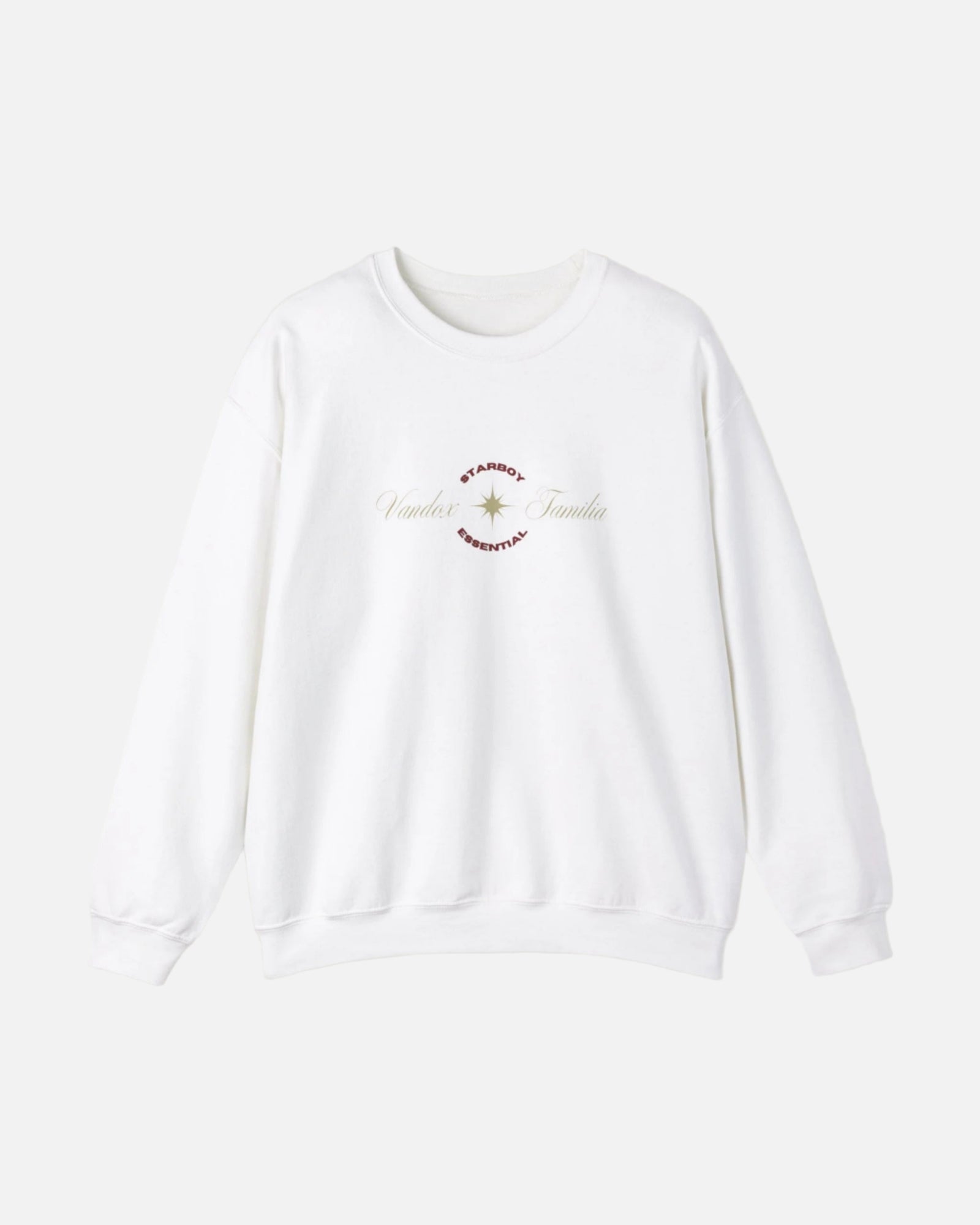 White Vandox Crewneck with STARBOY on the back, golden lion surrounded by a majestic golden arch, and a small golden logo featuring a star, and text 'vandox familia starboy essential'. Starboy old money hoodie sweatshirt clothes vandox sacrevandox vandox clothes vandox clothing crewneck