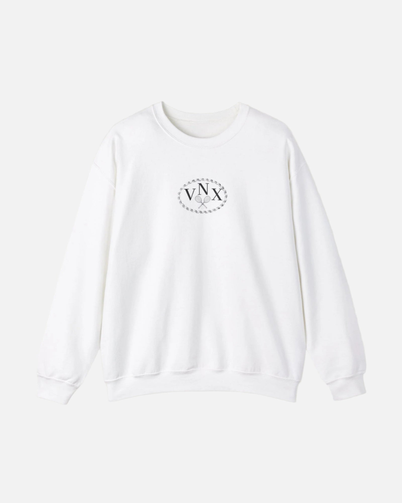white VANDOX Tennis Court Crewneck with VNX Vandox logo and tennis court design and "Winners From Passion" slogan. Starboy old money hoodie sweatshirt clothes vandox sacrevandox vandox clothes vandox clothing crewneck
