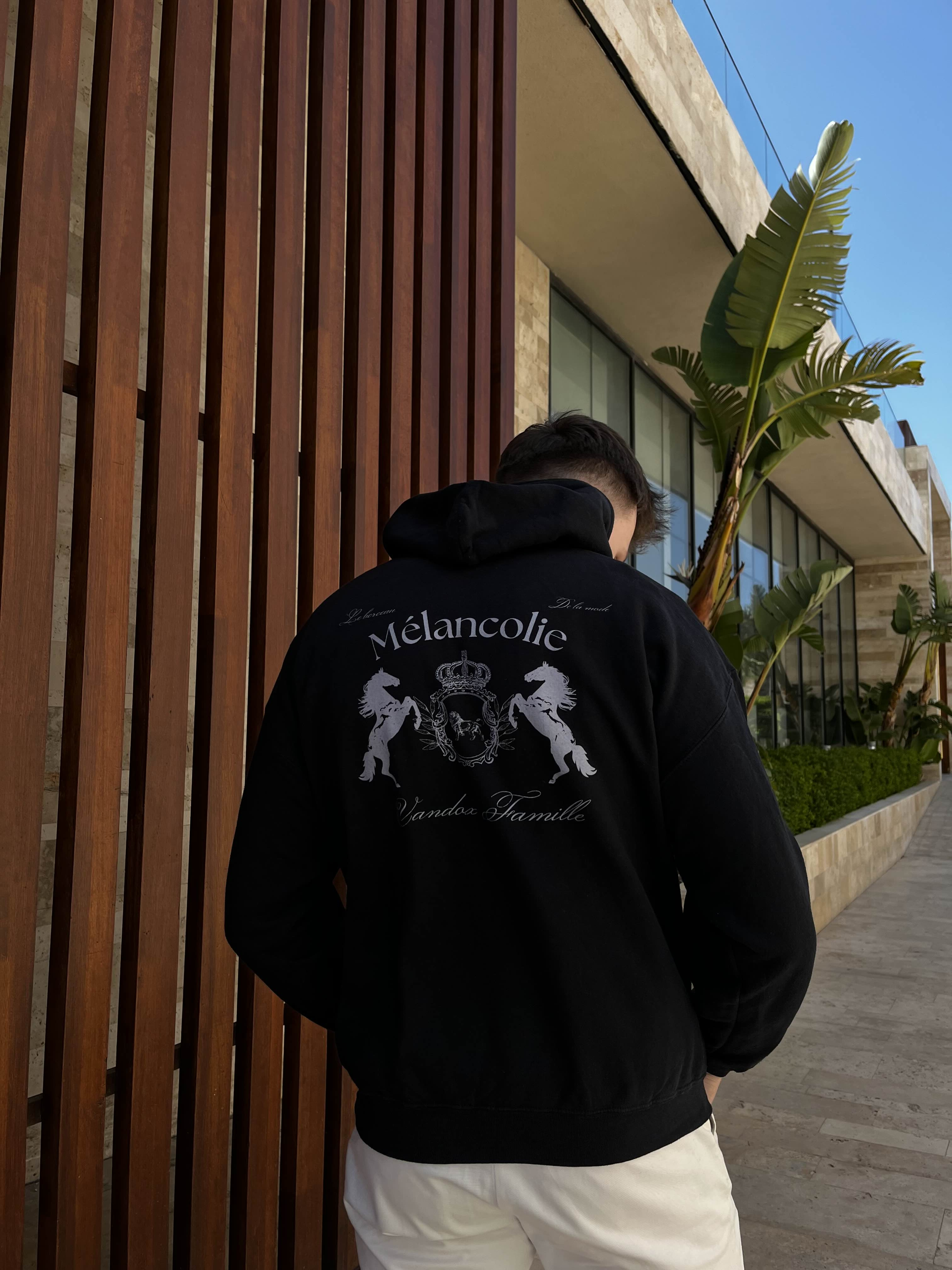 Man wearing a Vandox Mélancolie Hoodie with crest and horse emblem, standing in front of a modern building with wooden paneling and tropical plants.