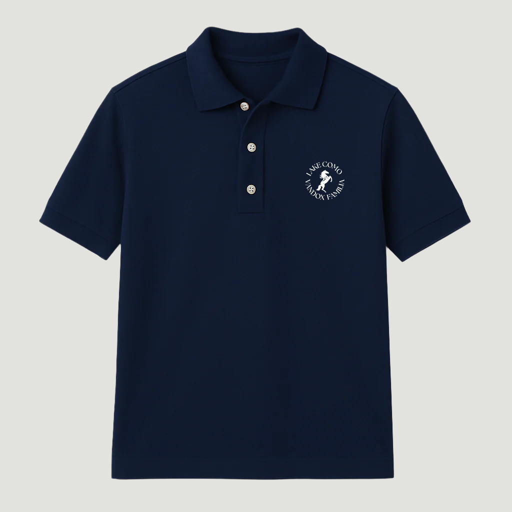 navy Vandox polo with Vandox familia logo emblem embroidered on the chest. Polo shirt tshirt short sleeve vandox sacre vandox vandox clothing pique cotton cotton shirt cotton polo