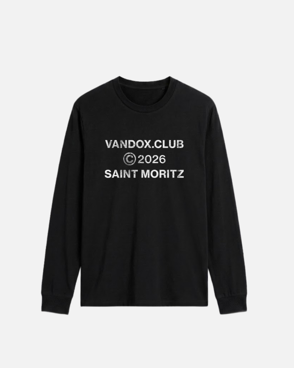 Saint Moritz Longsleeve in Black, front view with distressed vandox.club © 2026 Saint Moritz text graphic, luxury streetwear longsleeve. Starboy old money longsleeve vandox sacrevandox vandox clothes vandox clothing