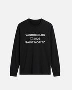 Saint Moritz Longsleeve in Black, front view with distressed vandox.club © 2026 Saint Moritz text graphic, luxury streetwear longsleeve. Starboy old money longsleeve vandox sacrevandox vandox clothes vandox clothing