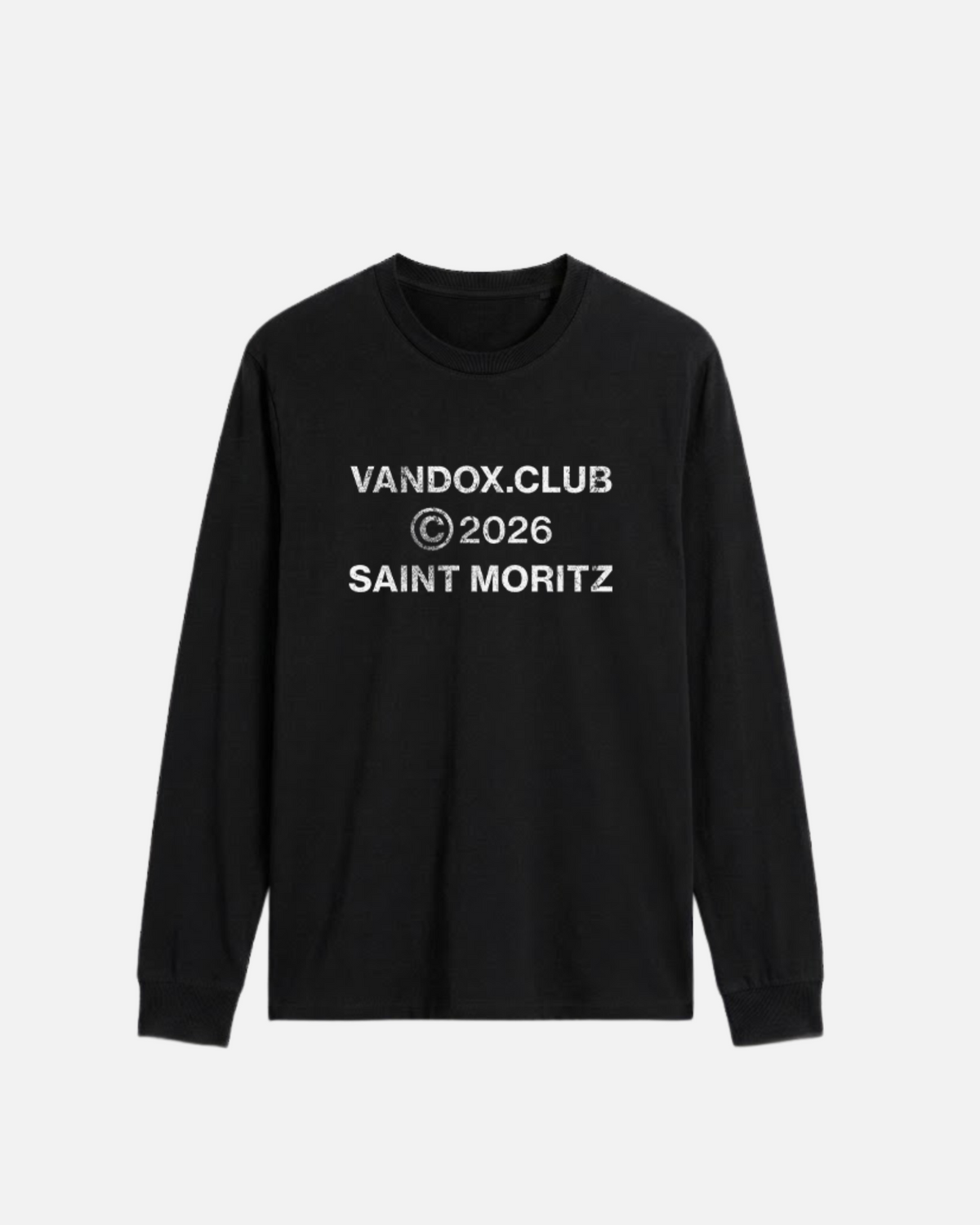 Saint Moritz Longsleeve in Black, front view with distressed vandox.club © 2026 Saint Moritz text graphic, luxury streetwear longsleeve. Starboy old money longsleeve vandox sacrevandox vandox clothes vandox clothing