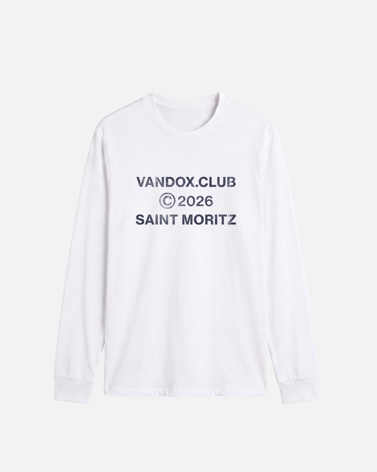 Saint Moritz Longsleeve in White, front view with distressed navy vandox.club © 2026 Saint Moritz text graphic, luxury streetwear longsleeve. Starboy old money longsleeve vandox sacrevandox vandox clothes vandox clothing