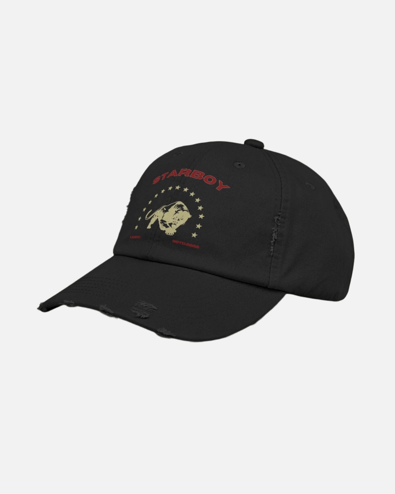 black Vandox Hat with fierce lion graphic surrounded by stars, with bold 'Starboy' text above. Hat Cap Baseball Cap Baseball Hat starboy hat old money hats vandox sacre vandox sacrevandox vandox clothing