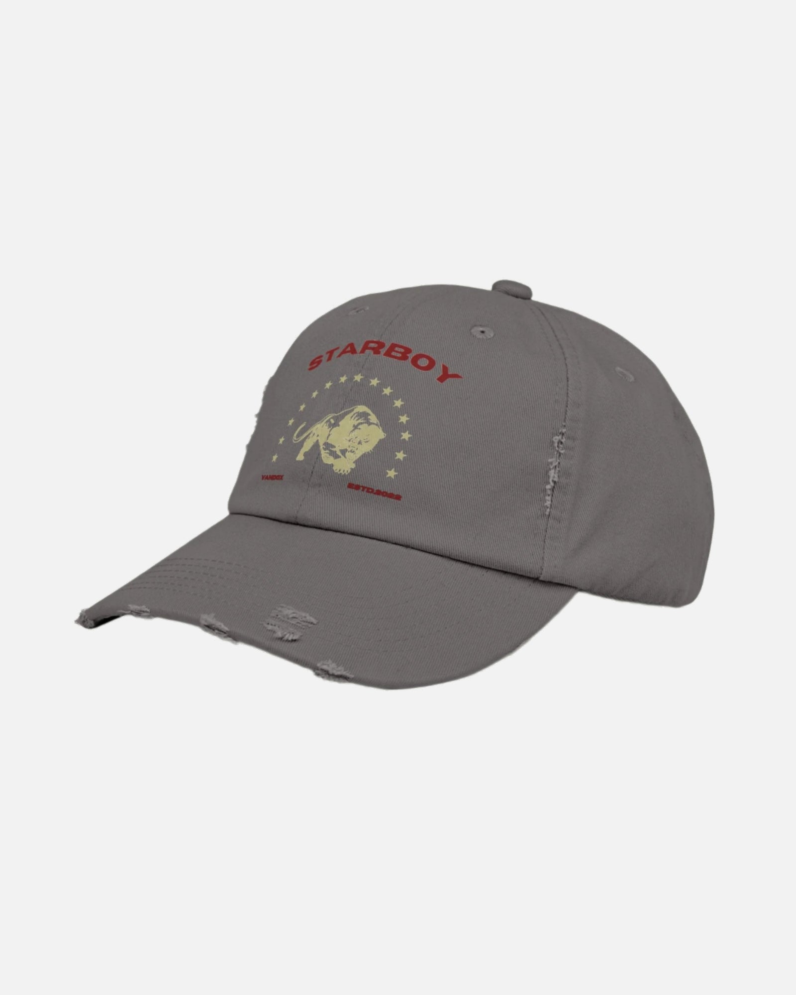 Nickel grey Vandox Hat with fierce lion graphic surrounded by stars, with bold 'Starboy' text above. Hat Cap Baseball Cap Baseball Hat starboy hat old money hats vandox sacre vandox sacrevandox vandox clothing