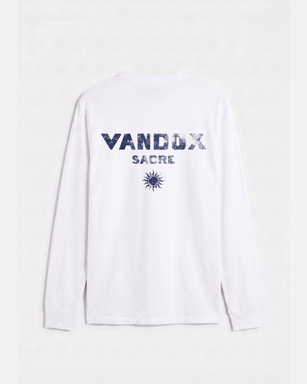 White vandox last light long sleeve t-shirt back view with distressed Vandox Sacre text and sun emblem graphic. Old money summer clothes, quiet luxury european streetwear, minimalist coastal style. Starboy old money cotton long sleeve shirt clothes vandox sacre sacrevandox vandox clothes vandox clothing