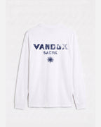 White vandox last light long sleeve t-shirt back view with distressed Vandox Sacre text and sun emblem graphic. Old money summer clothes, quiet luxury european streetwear, minimalist coastal style. Starboy old money cotton long sleeve shirt clothes vandox sacre sacrevandox vandox clothes vandox clothing