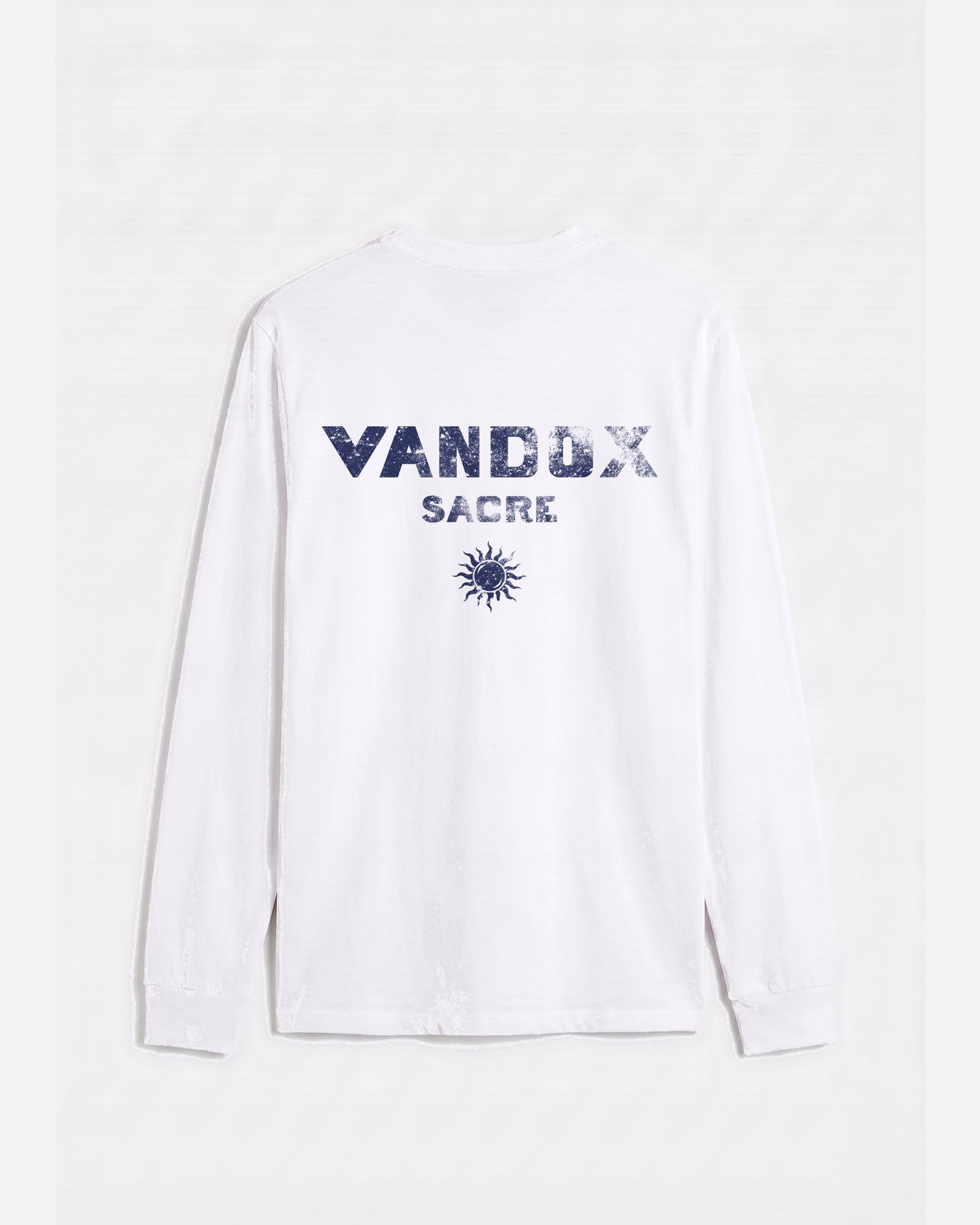 White vandox last light long sleeve t-shirt back view with distressed Vandox Sacre text and sun emblem graphic. Old money summer clothes, quiet luxury european streetwear, minimalist coastal style. Starboy old money cotton long sleeve shirt clothes vandox sacre sacrevandox vandox clothes vandox clothing